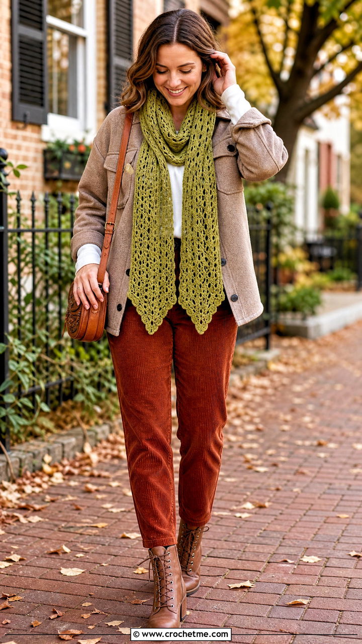 Chevron Crochet Lace Scarf With Shacket And Corduroy Pants - 35 crochet lace scarf outfit ideas