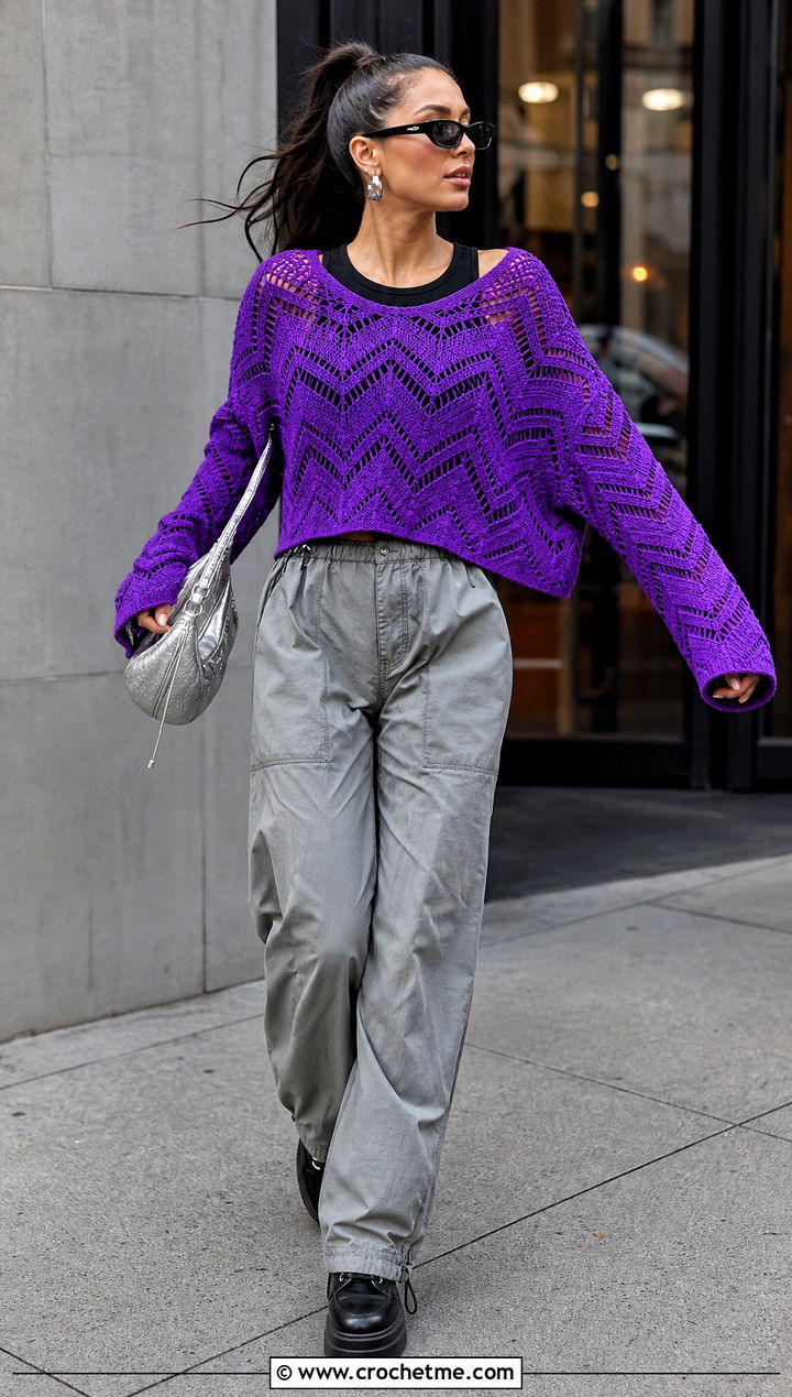 Chevron Crochet Lace Sweater With Parachute Pants - 30 crochet lace clothes and outfit ideas
