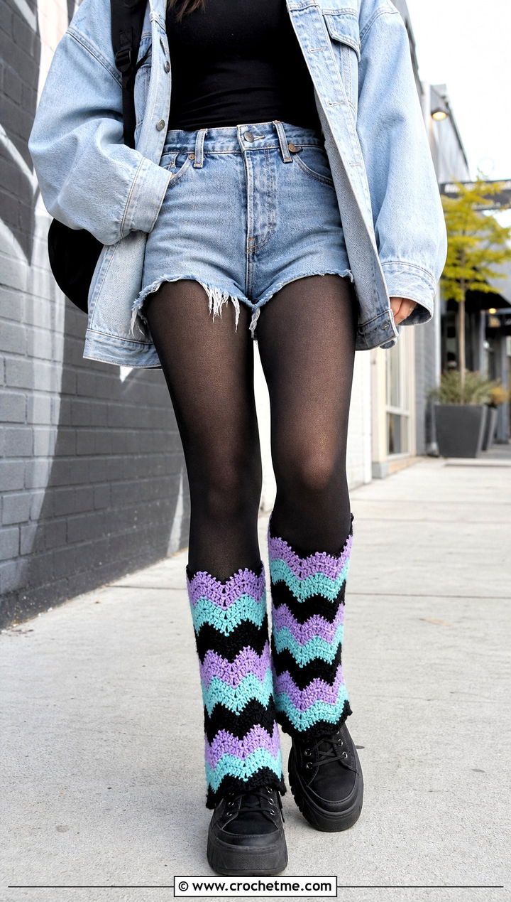 Chevron Crochet Leg Warmers With Denim Shorts - 20 Chunky Yarn Crochet Leg Warmers outfit ideas