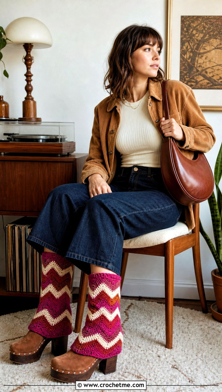 Chevron Crochet Leg Warmers With Wide Leg Jeans - 30 cute crochet leg warmers outfit ideas