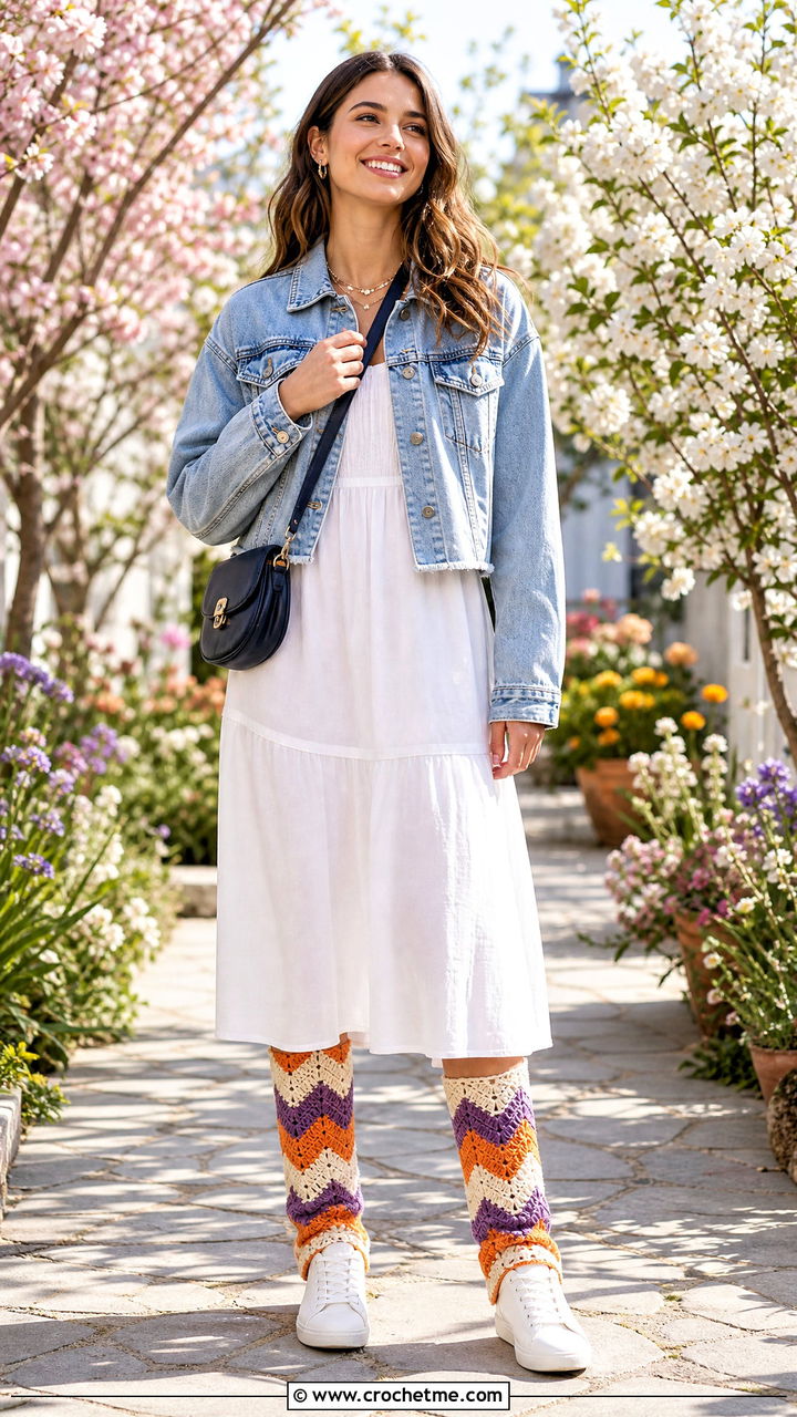 Chevron Crochet Legwarmers With Denim Jacket And White Dress - 35 crochet legwarmers outfit ideas