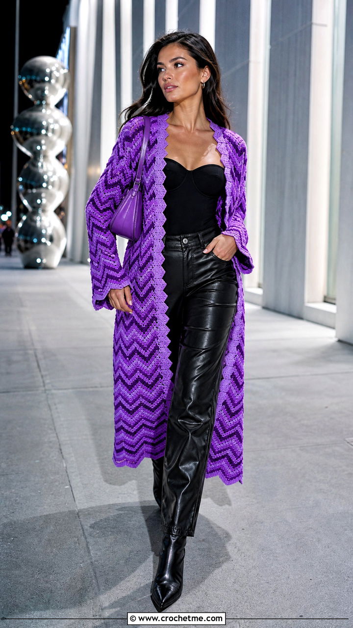 Chevron Crochet Long Cardigan With Leather Pants - 35 crochet long cardigan outfit ideas