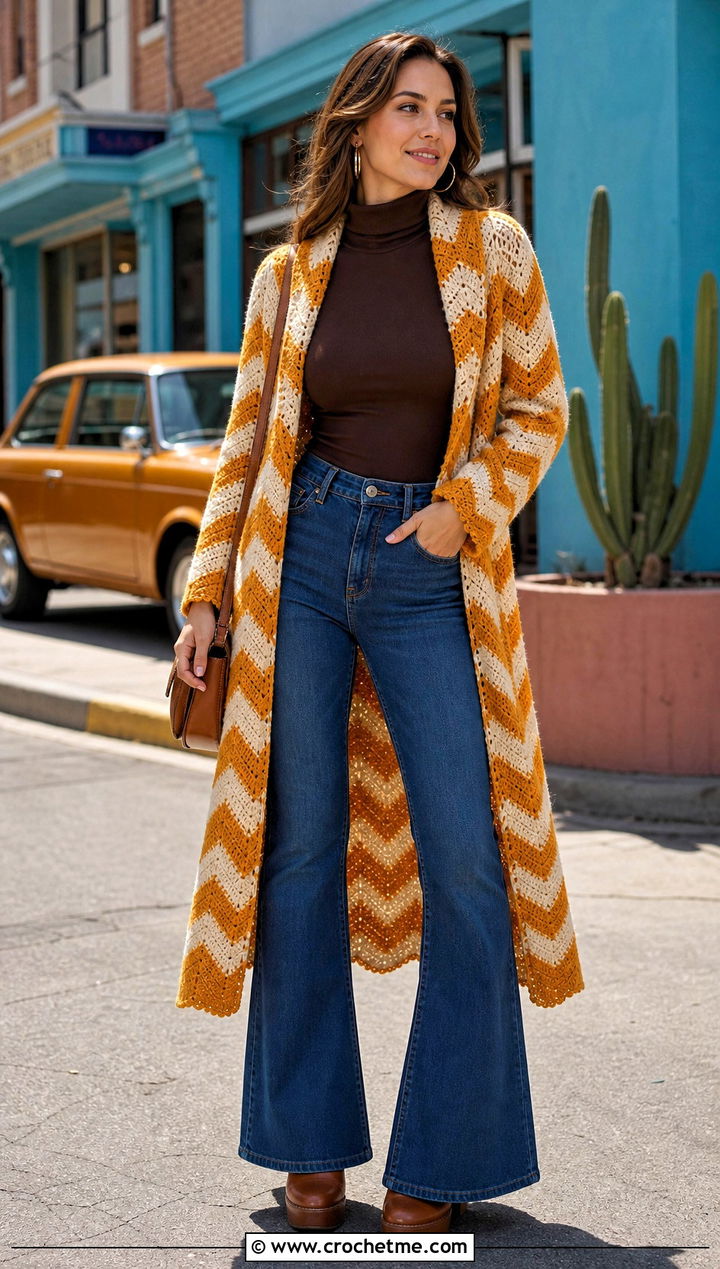 Chevron Crochet Long Coat With Flare Jeans - 35 crochet long coat outfit ideas
