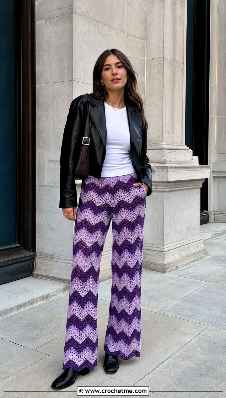 Chevron Crochet Long Pants With Leather Jacket - 30 Crochet Long Pants outfit ideas