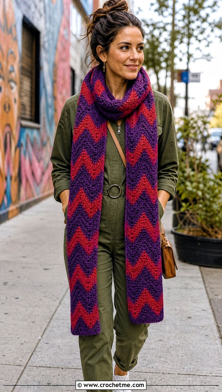Chevron Crochet Long Scarf With Utility Jumpsuit And Sneakers - 25 Crochet Long Scarf outfit ideas
