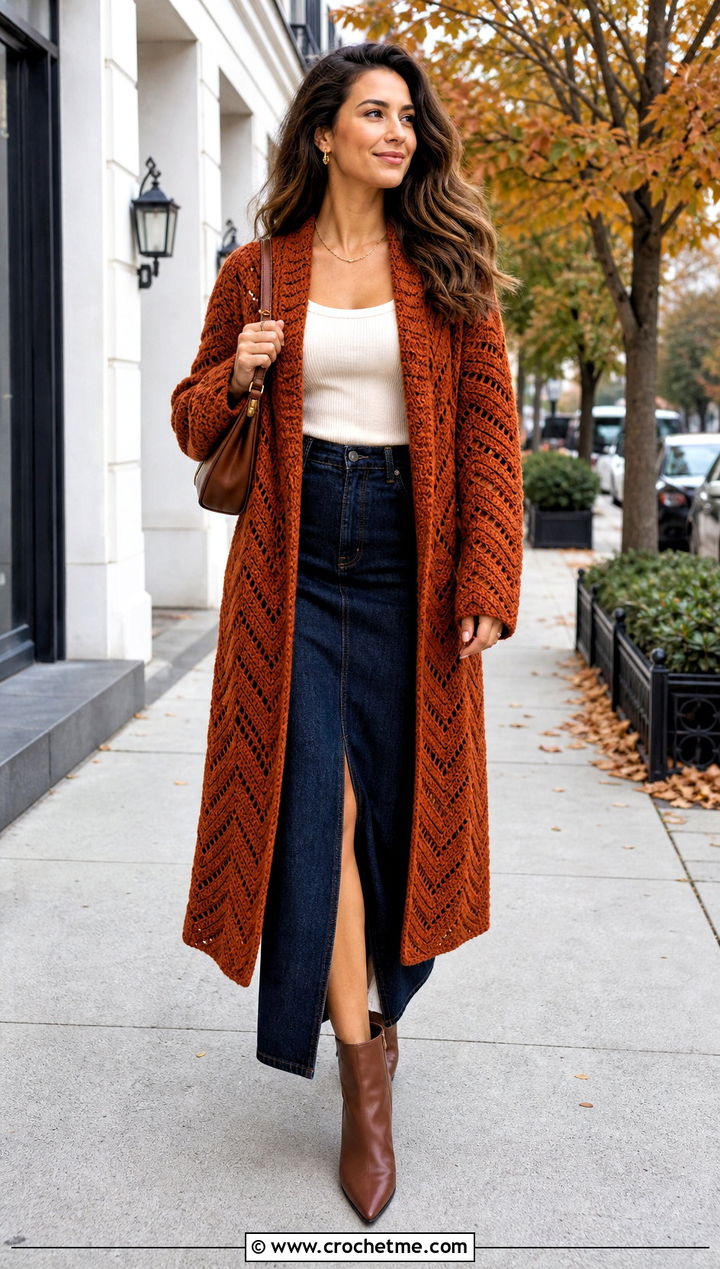 Chevron Crochet Long Sweater With Denim Maxi Skirt - 35 crochet long sweater outfit ideas
