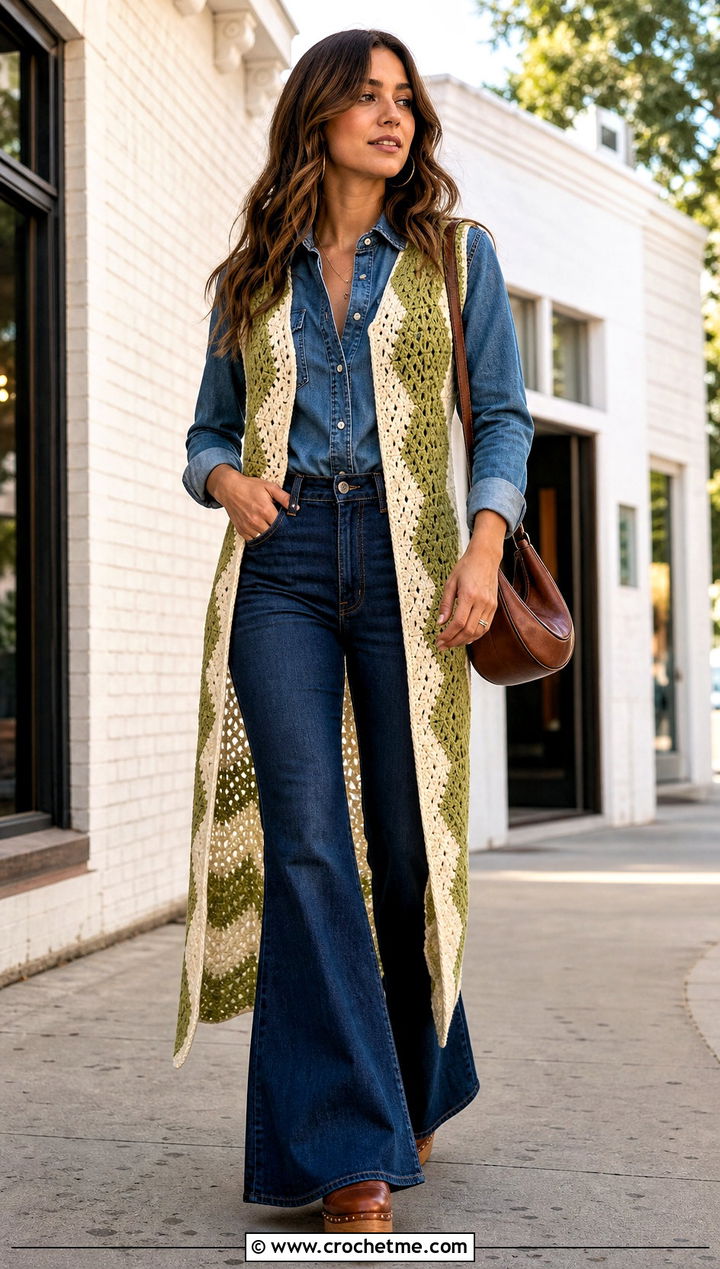 Chevron Crochet Long Vest With Flared Jeans - 25 Easy Crochet Long Vest outfit ideas