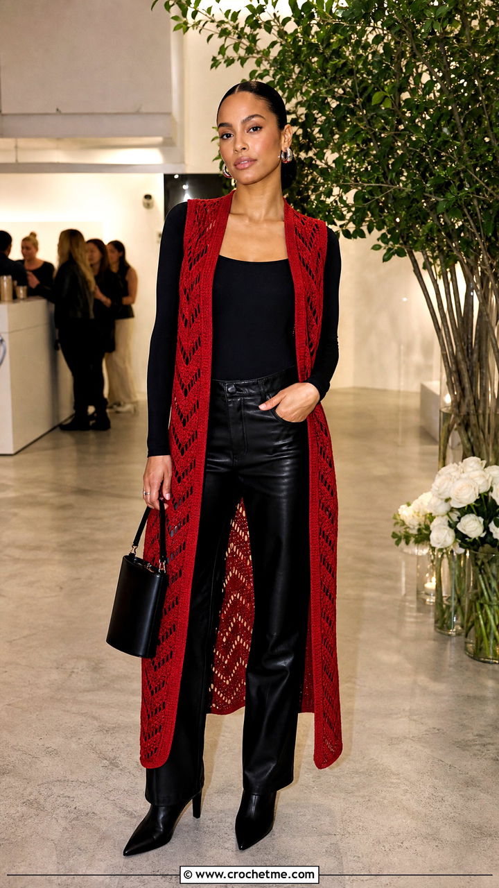Chevron Crochet Long Vest With Leather Pants - 35 Crochet Long Vest outfit ideas