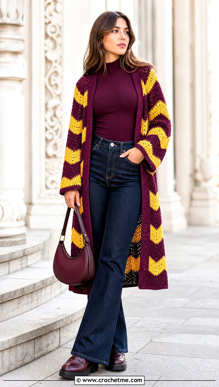 Chevron Crochet Longline Cardigan With Flared Jeans - 20 Crochet Longline Cardigan outfit ideas
