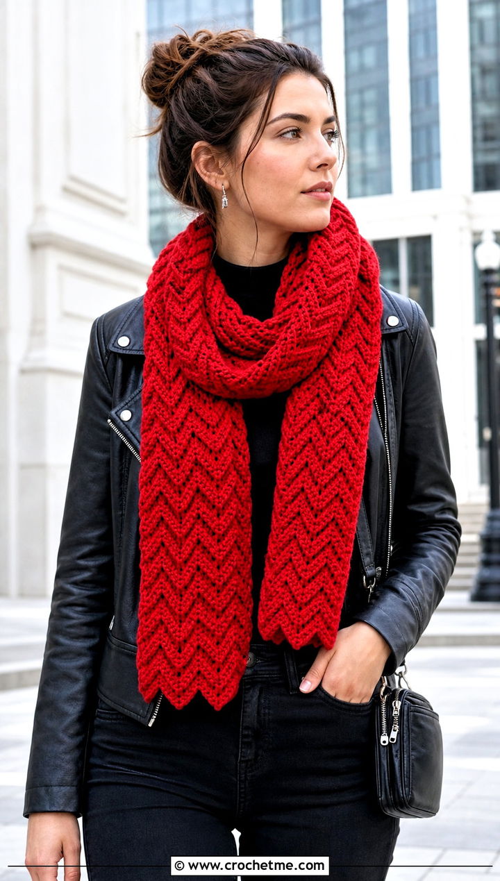 Chevron Crochet Loop Scarf With Moto Jacket - 20 Crochet Loop Scarf outfit ideas