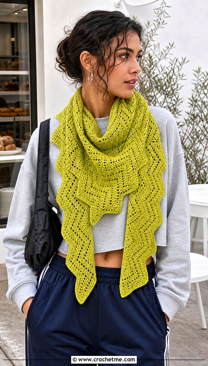 Chevron Crochet Mantle Scarf With Sweatshirt And Track Pants - 20 Crochet Mantle Scarf outfit ideas