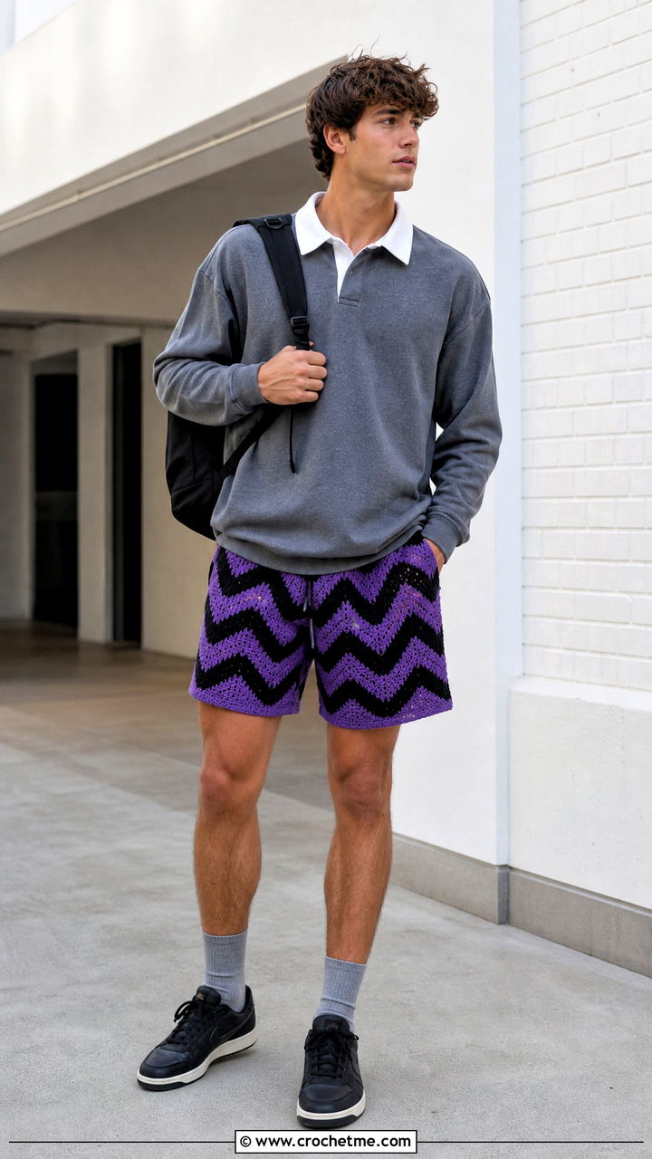 Chevron Crochet Mens Shorts With Rugby Shirt - 35 Crochet Mens Shorts outfit ideas