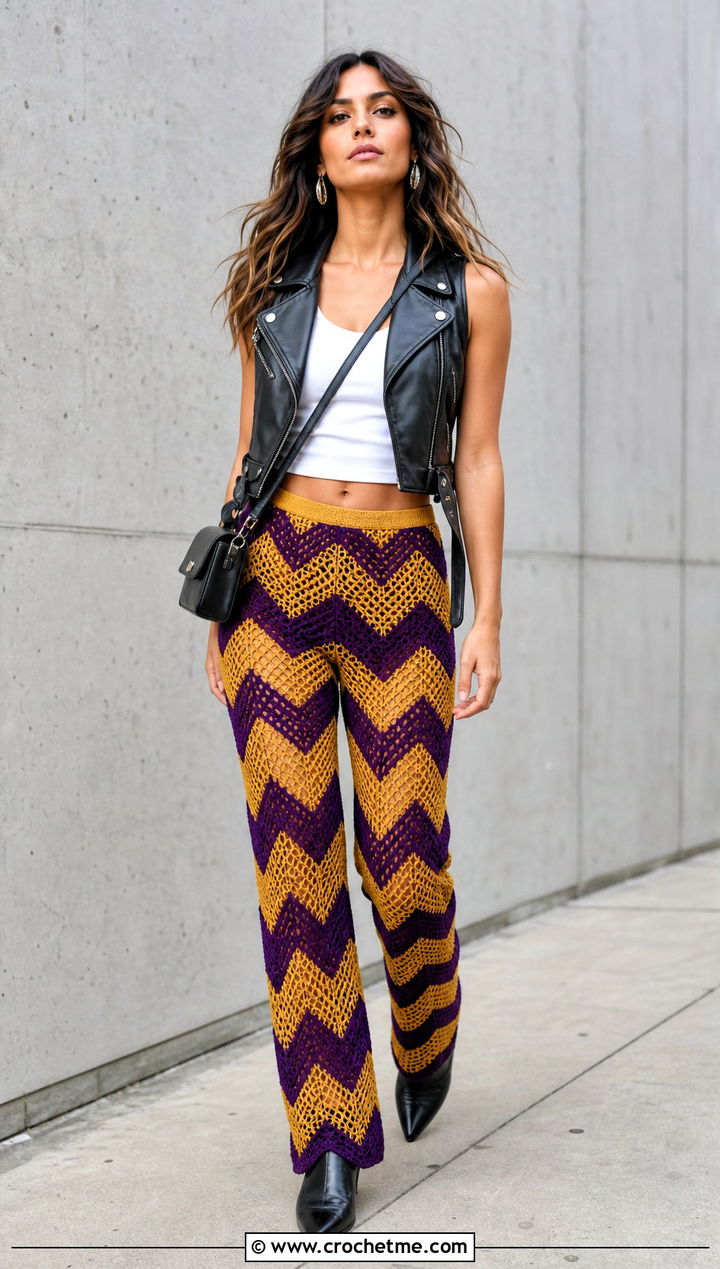 Chevron Crochet Mesh Pants With Moto Vest - 35 crochet mesh pants outfit ideas