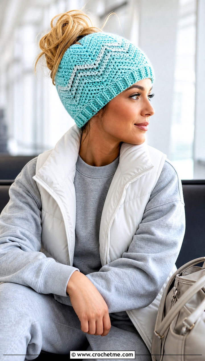 Chevron Crochet Messy Bun Hat With Elastic And Matching Tracksuit - 25 Crochet Messy Bun Hat With Elastic outfit ideas