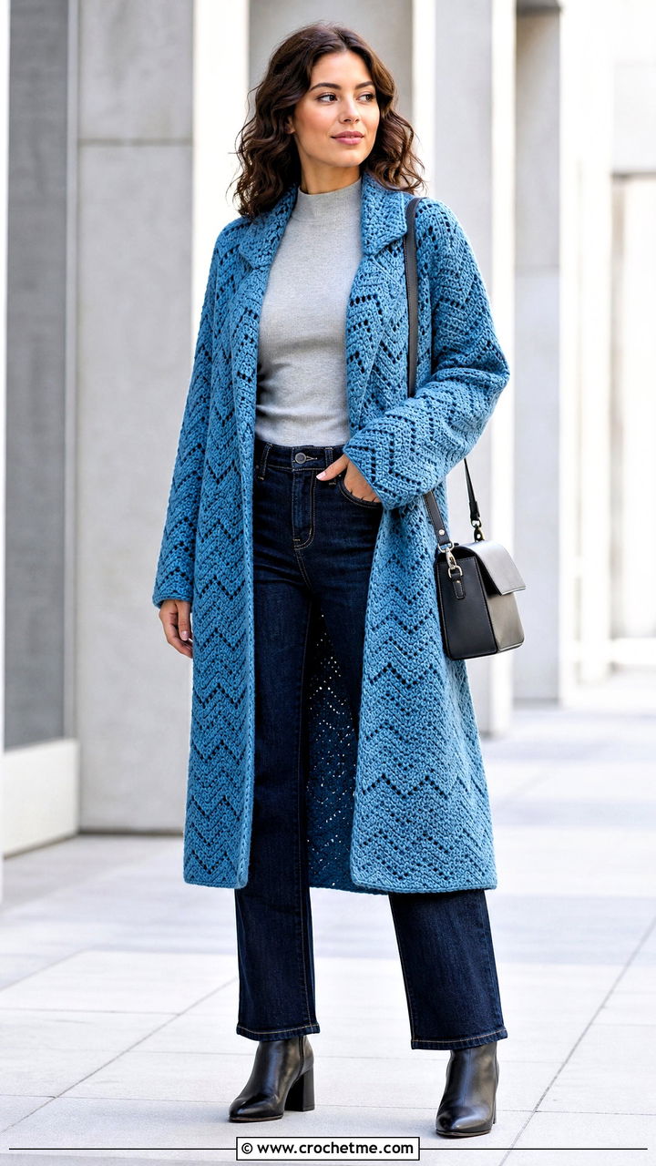 Chevron Crochet Midi Coat With Straight Leg Jeans - 35 crochet coat outfit ideas