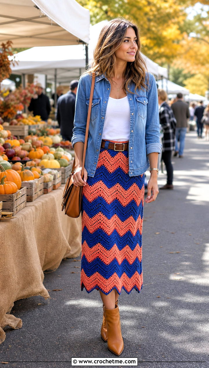 Chevron Crochet Midi Skirt With Denim Shirt - 35 easy crochet skirt outfit ideas
