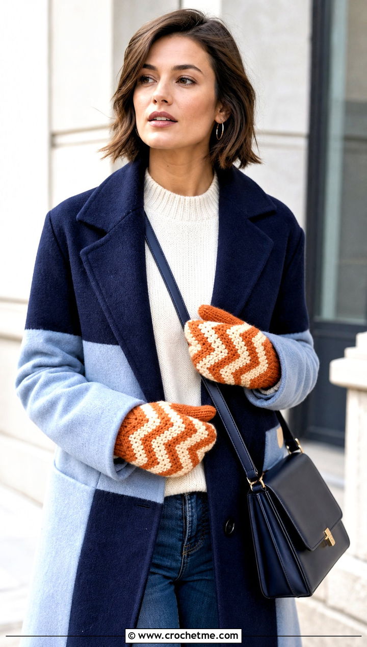 Chevron Crochet Mittens With Color Block Coat - 25 cute crochet mittens outfit ideas