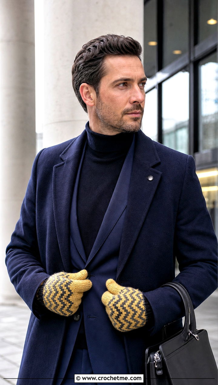 Chevron Crochet Mittens With Tailored Suit - 25 Mens Crochet Mittens outfit ideas