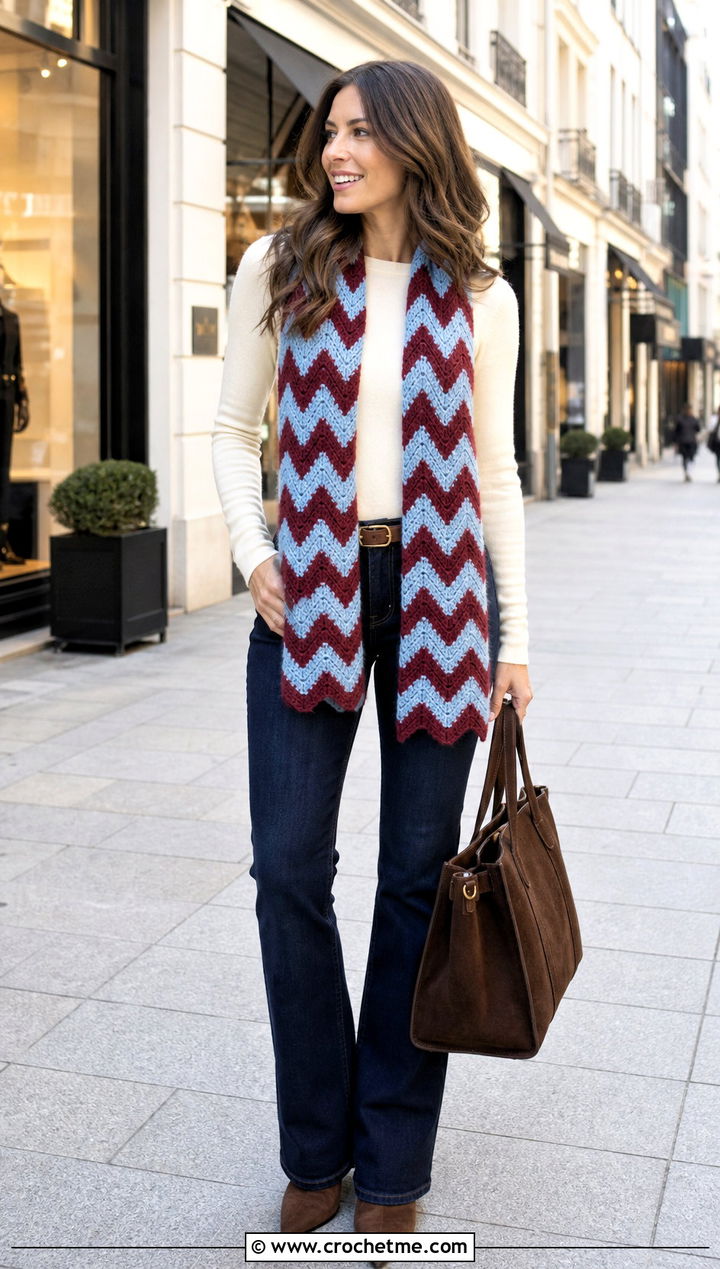 Chevron Crochet Mohair Scarf With Sweater And Jeans - 30 crochet mohair scarf outfit ideas