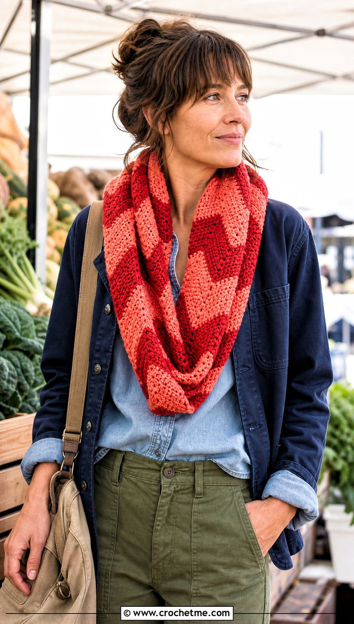 Chevron Crochet Mood Scarf With Denim Shirt And Utility Pants - 15 Crochet Mood Scarf outfit ideas
