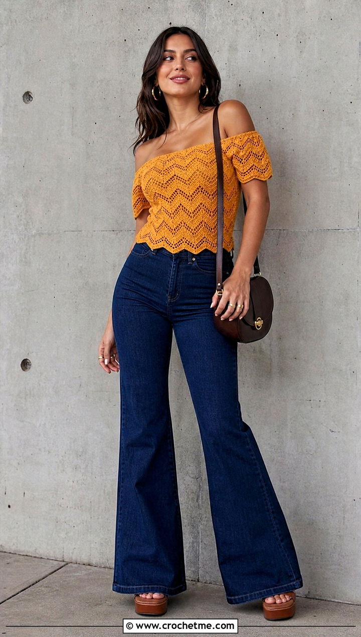 Chevron Crochet Off The Shoulder Top With Flared Jeans - 35 Crochet Off The Shoulder Top outfit ideas