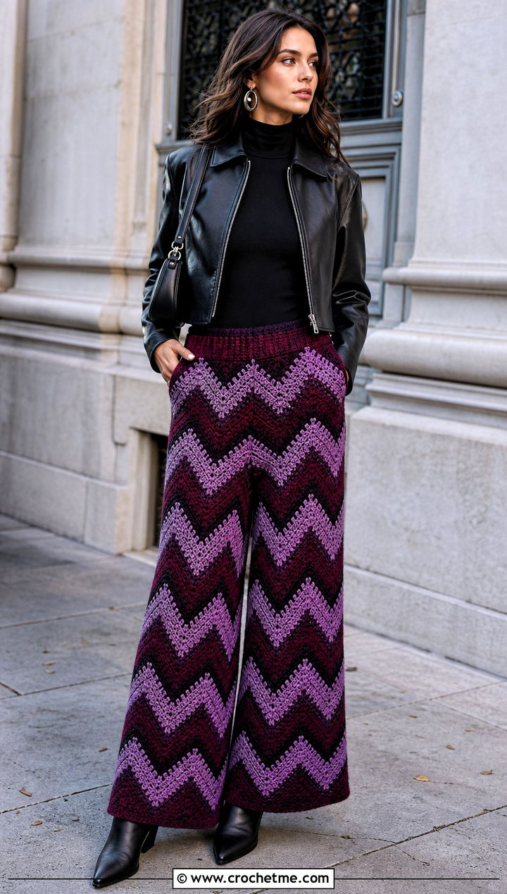 Chevron Crochet Palazzo Pants With Cropped Leather Jacket - 30 crochet palazzo pants outfit ideas