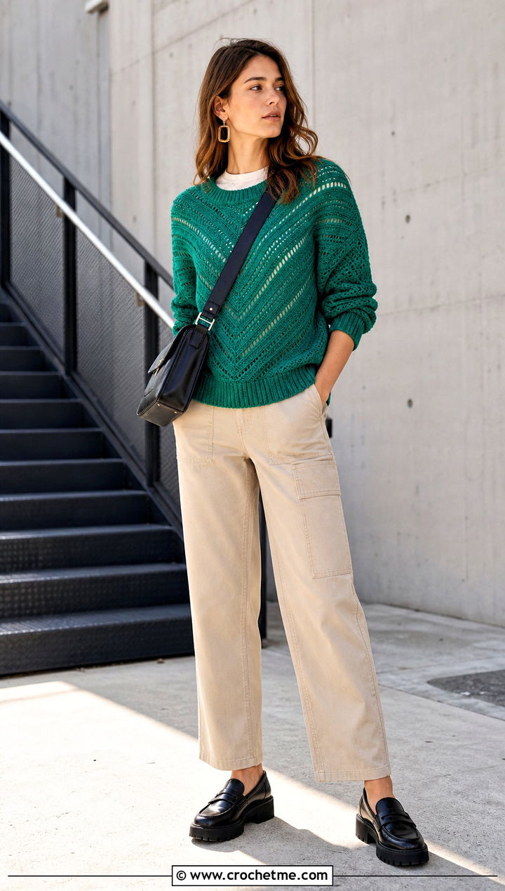 Chevron Crochet Panel Sweater With Utility Pants - 30 crochet panel sweater outfit ideas