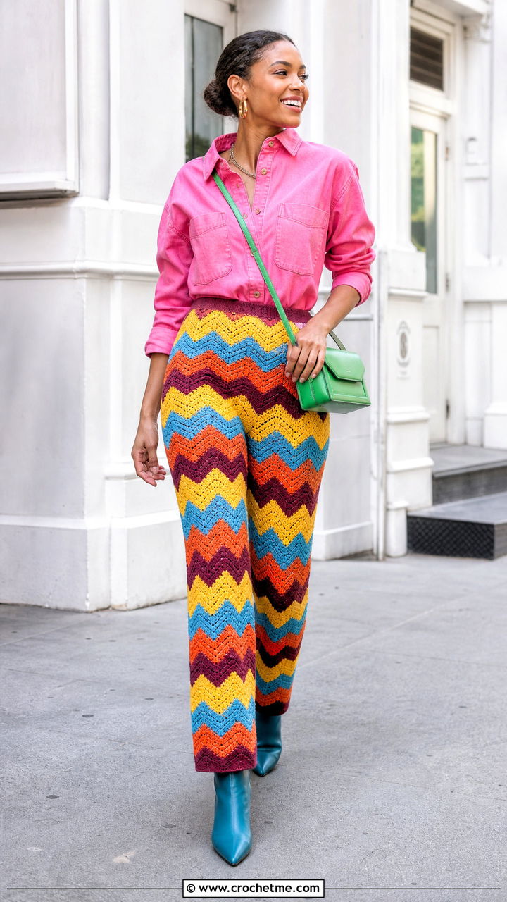 Chevron Crochet Pants With Denim Shirt - 35 crochet pants outfit ideas