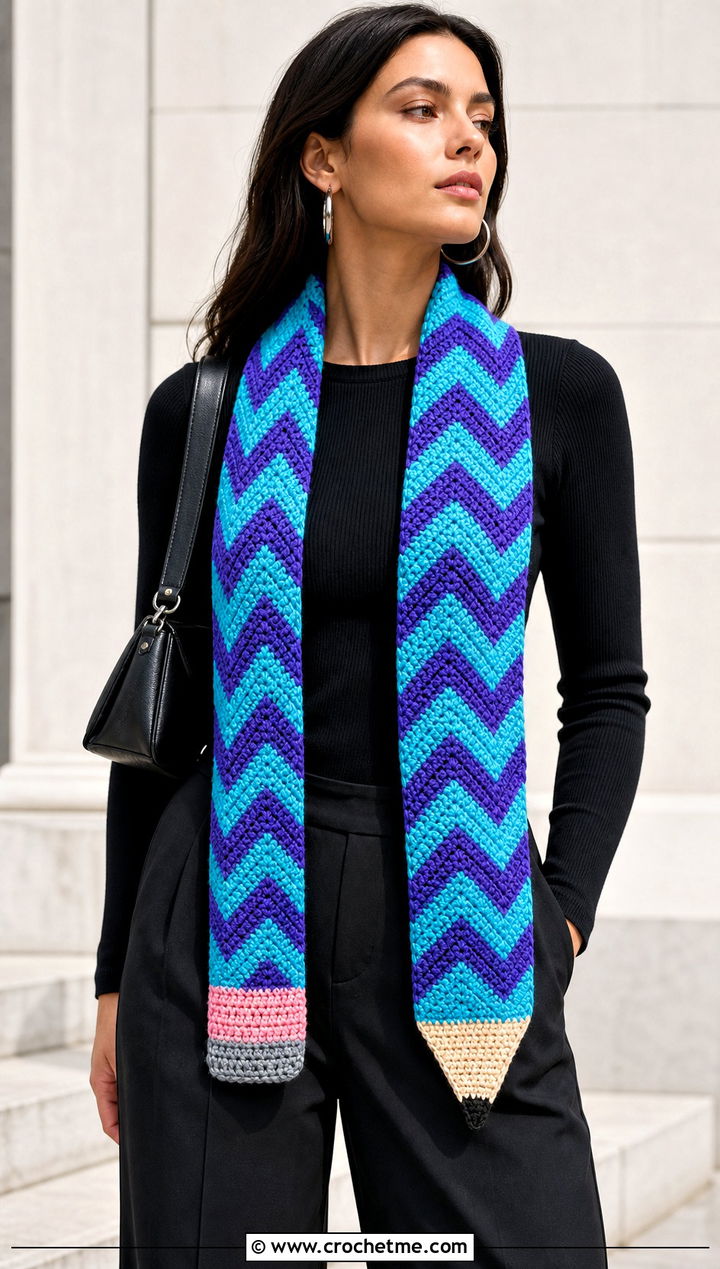 Chevron Crochet Pencil Scarf With Black Outfit - 25 Crochet Pencil Scarf outfit ideas