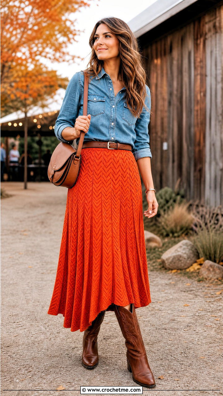 Chevron Crochet Pleated Midi Skirt With Denim Shirt - 35 crochet pleated skirt outfit ideas