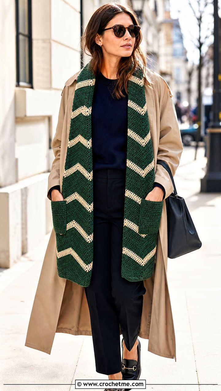 Chevron Crochet Pocket Scarf With Trench Coat - 25 Crochet Pocket Scarf Shawl outfit ideas
