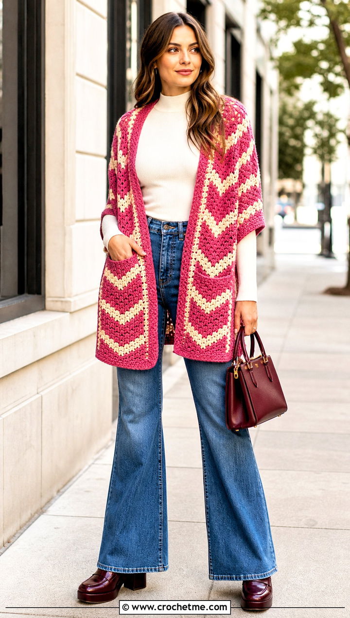 Chevron Crochet Pocket Shawl With Flared Jeans - 25 Easy Crochet Shawl With Pockets outfit ideas