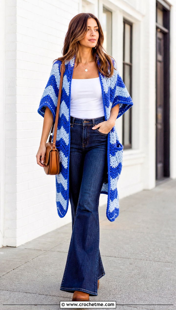 Chevron Crochet Pocket Shawl With Flared Jeans - 35 crochet wrap with pockets outfit ideas
