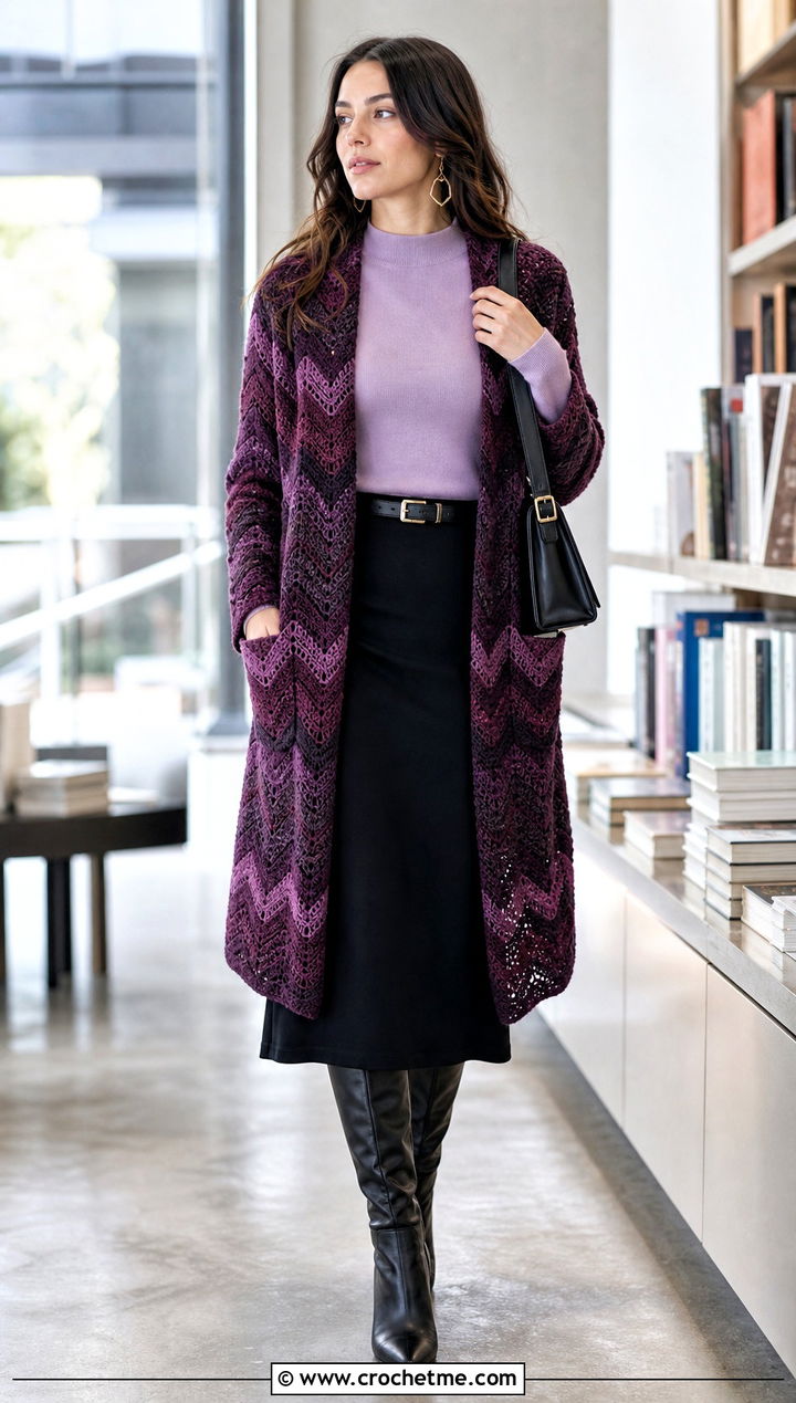 Chevron Crochet Pocket Wrap With Black Midi Skirt - 25 Crochet Pocket Wrap outfit ideas