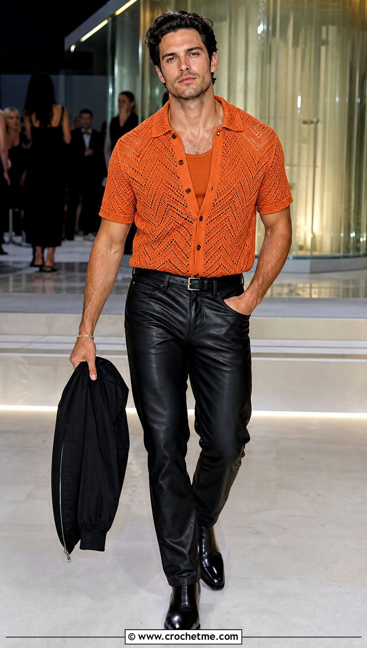 Chevron Crochet Polo With Leather Pants - 15 Mens Crochet Polo Shirt outfit ideas