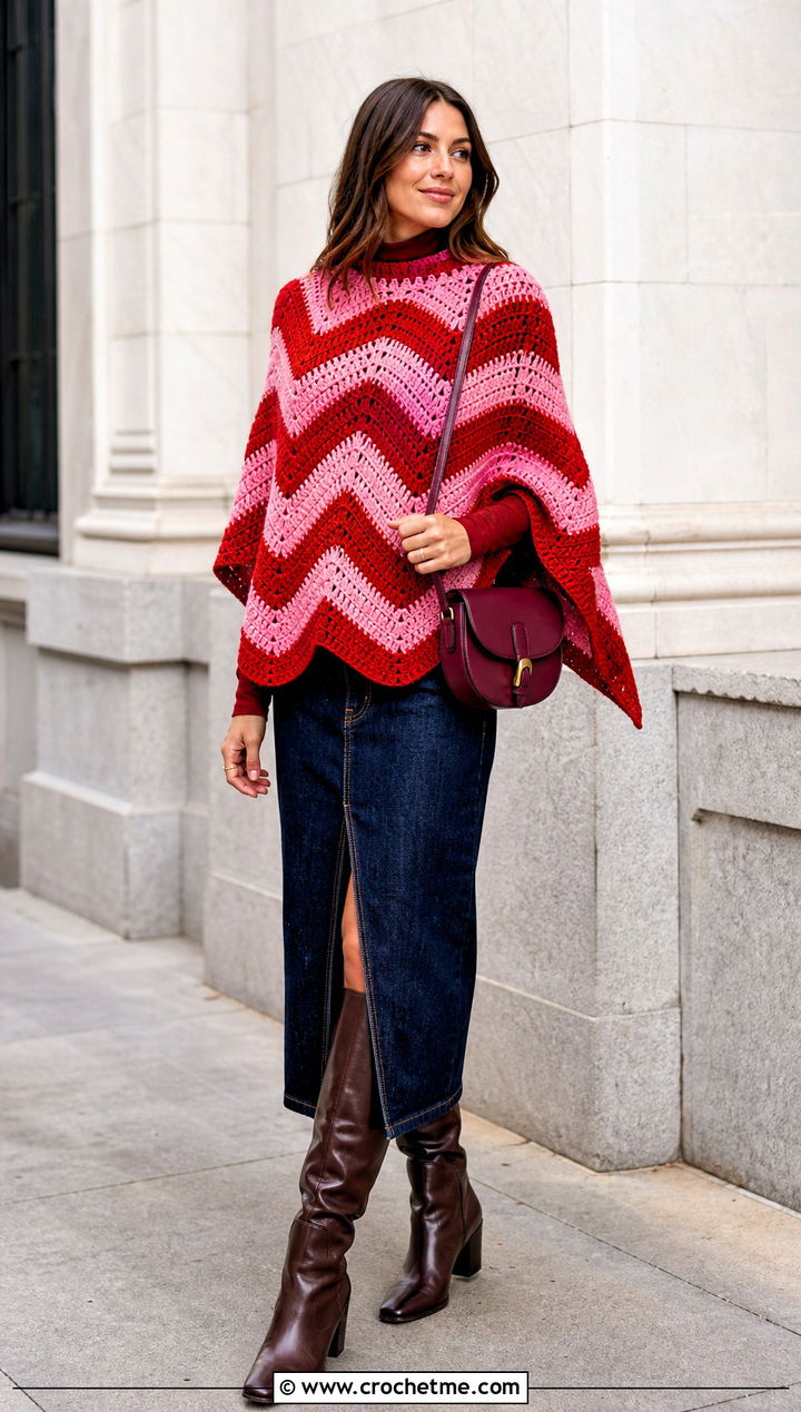 Chevron Crochet Poncho Sweater With Denim Midi Skirt - 35 crochet poncho sweater outfit ideas