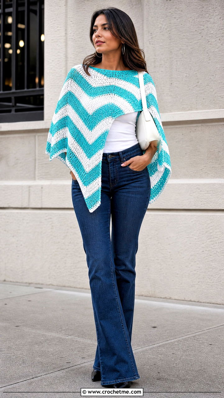 Chevron Crochet Poncho With Bootcut Jeans - 35 easy crochet poncho outfit ideas