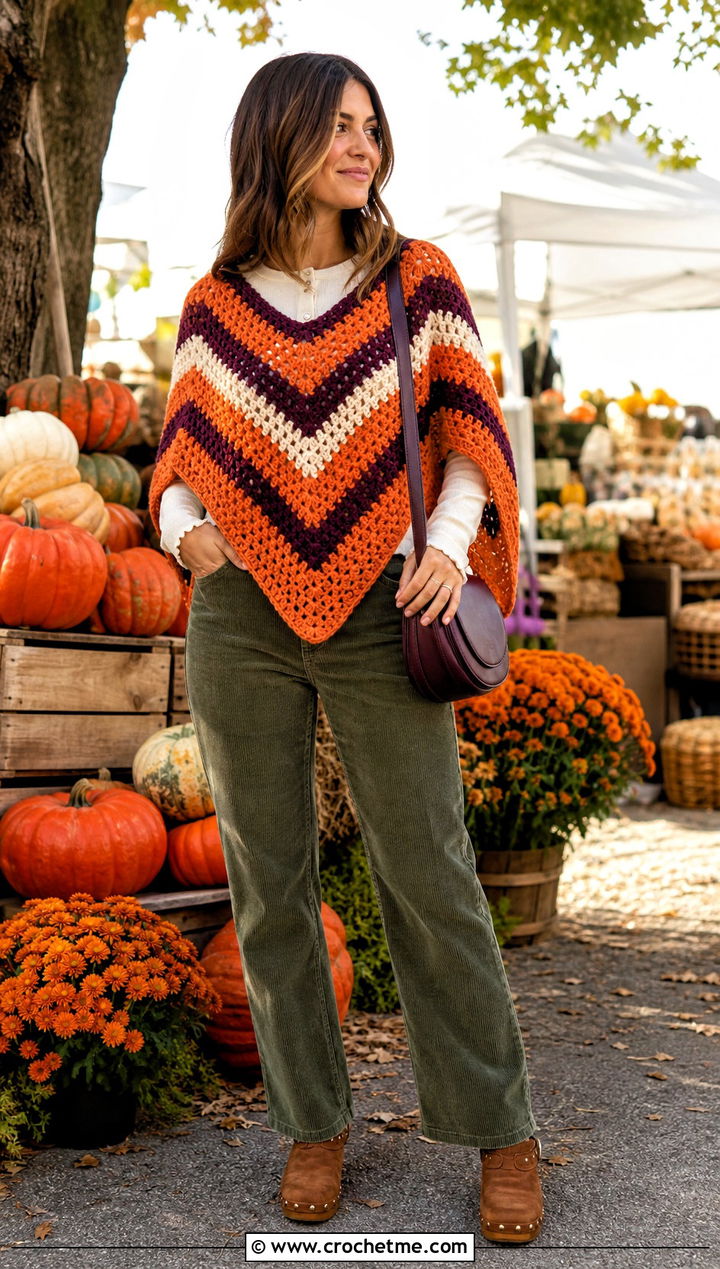Chevron Crochet Poncho With Corduroy Pants - 25 Beginner Crochet Poncho outfit ideas