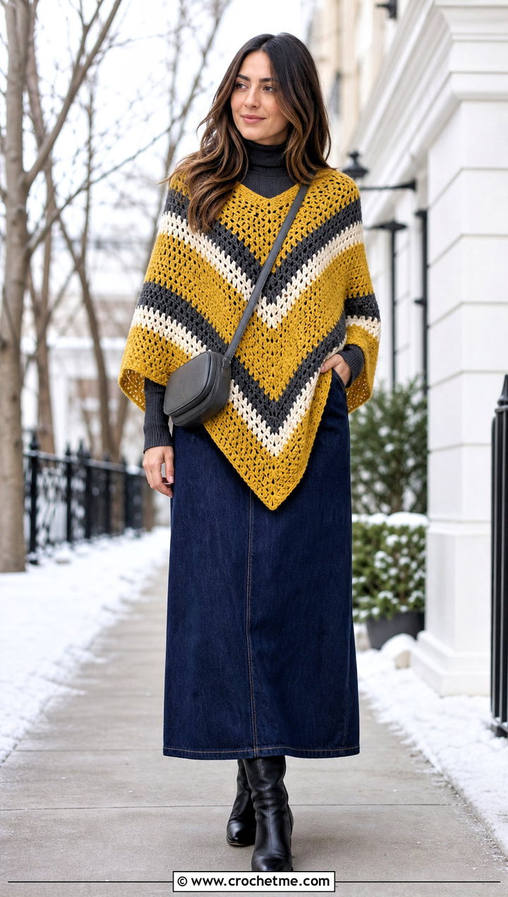 Chevron Crochet Poncho With Denim Maxi Skirt - 30 woman winter crochet poncho outfit ideas