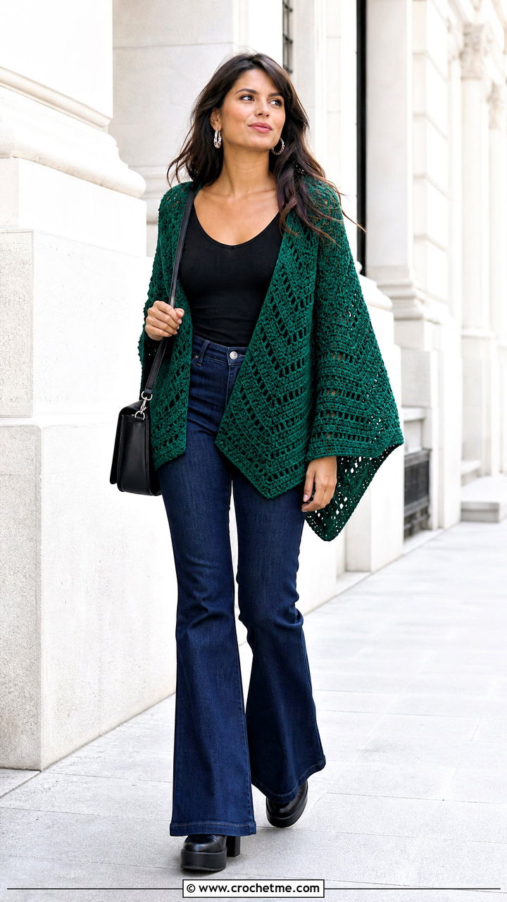 Chevron Crochet Poncho With Flare Jeans - 35 easy crochet poncho woman outfit ideas