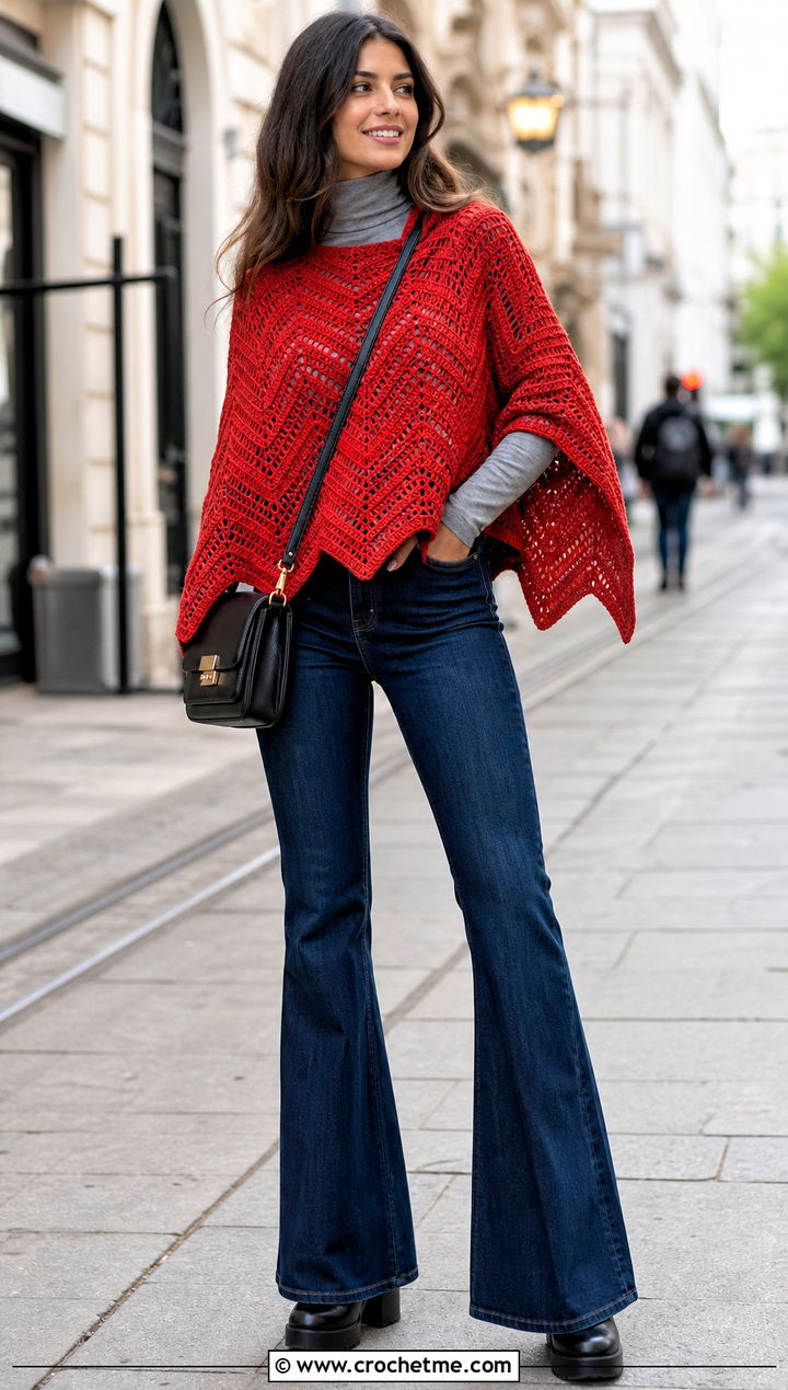 Chevron Crochet Poncho With Flared Jeans - 25 ladies crochet poncho outfit ideas