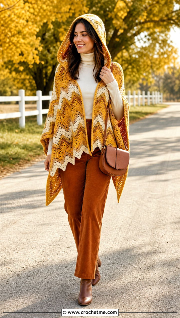 Chevron Crochet Poncho With Hood And Corduroy Pants - 35 crochet poncho with hood outfit ideas