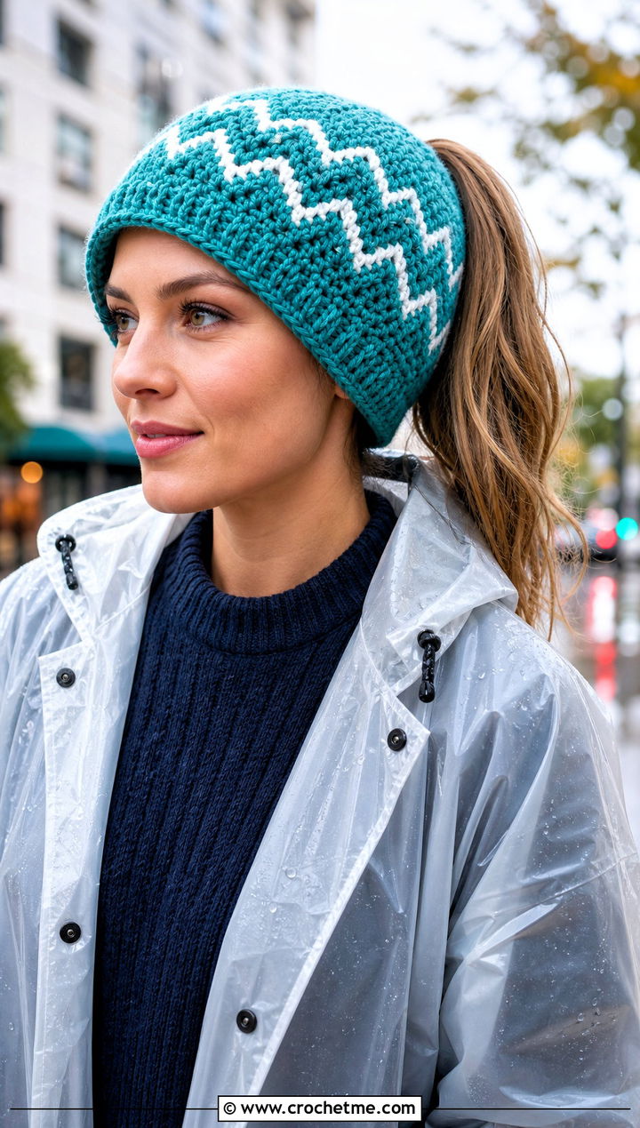 Chevron Crochet Ponytail Beanie With Raincoat And Straight Jeans - 30 crochet beanie with ponytail hole outfit ideas
