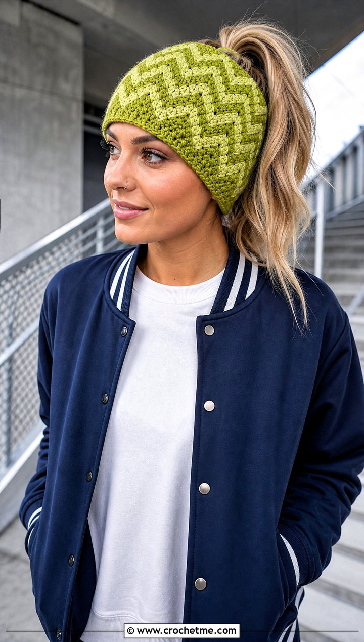 Chevron Crochet Ponytail Beanie With Varsity Jacket - 20 Crochet Ponytail Beanie outfit ideas
