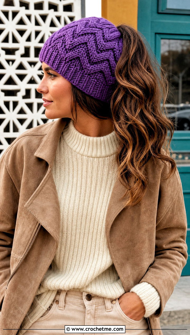 Chevron Crochet Ponytail Hat With Flared Jeans - 30 crochet hat with ponytail hole outfit ideas