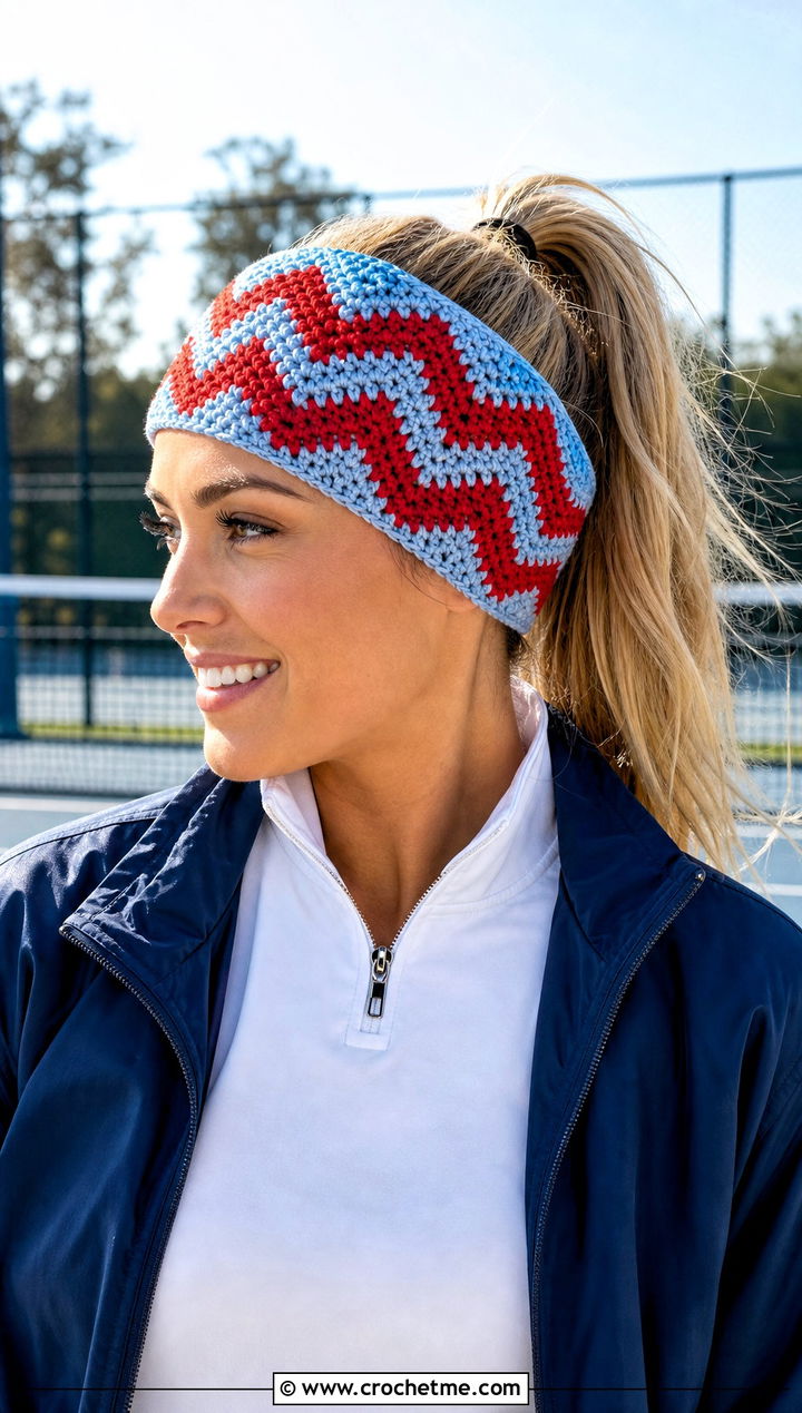 Chevron Crochet Ponytail Headband With Track Pants - 25 crochet headband with ponytail hole outfit ideas