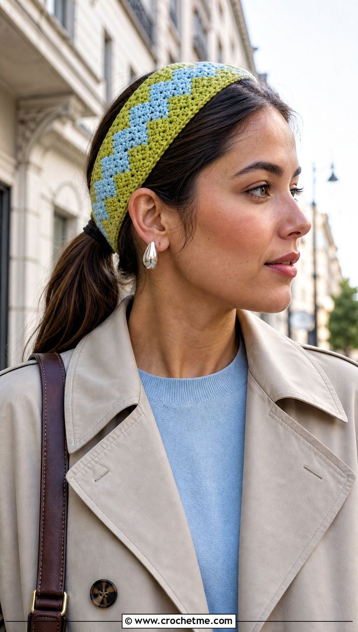 Chevron Crochet Ponytail Headband With Trench Coat - 20 Crochet Ponytail Headband outfit ideas