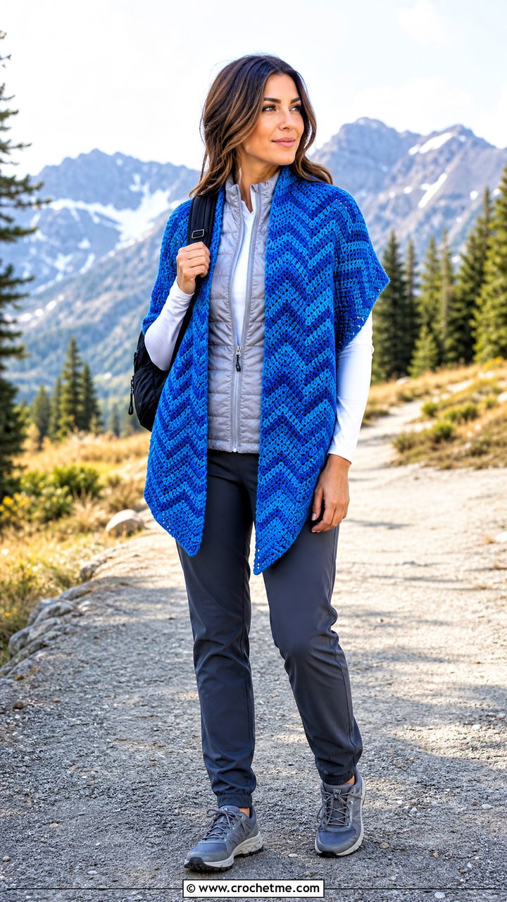 Chevron Crochet Prayer Shawl With Puffer Vest And Hiking Pants - 35 easy crochet prayer shawls outfit ideas