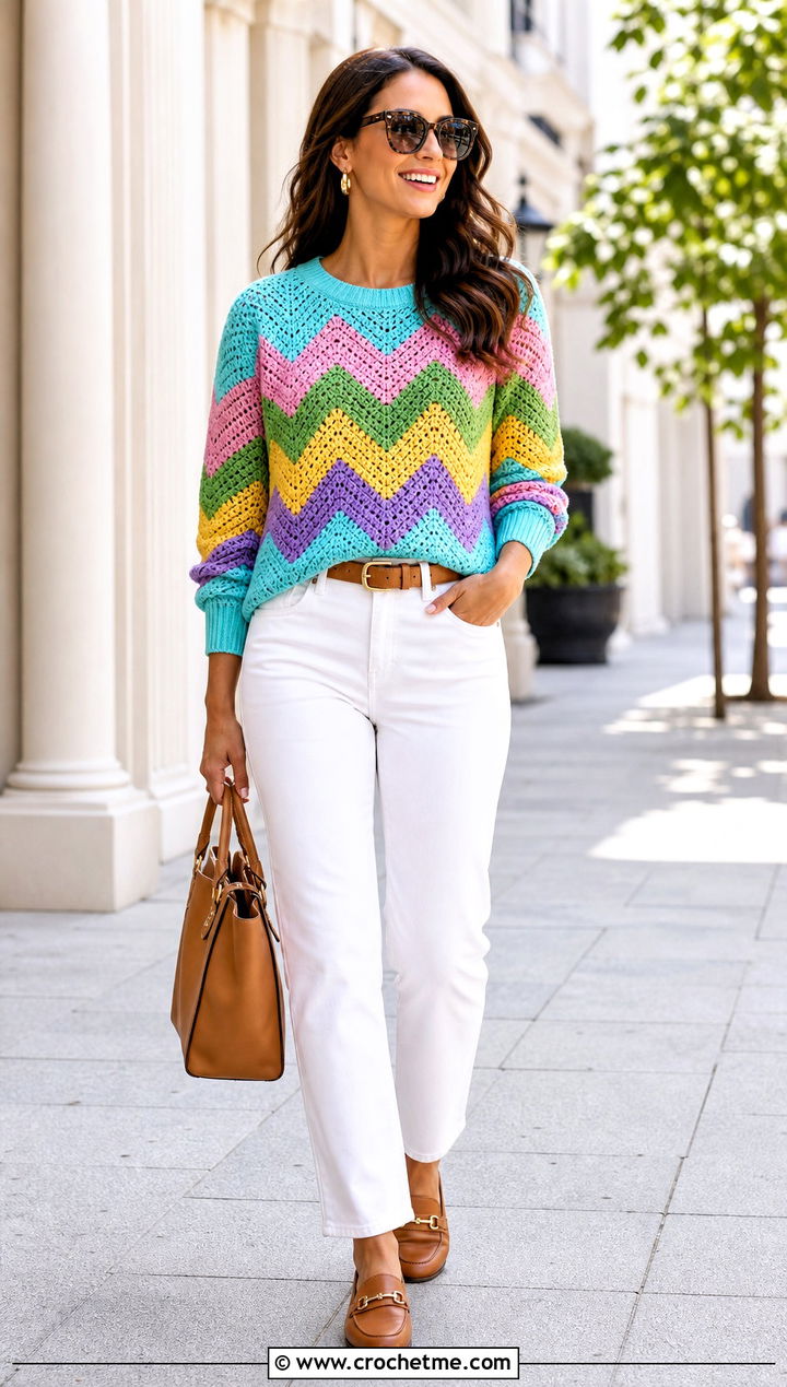 Chevron Crochet Rainbow Sweater With White Jeans - 20 Crochet Rainbow Sweater outfit ideas