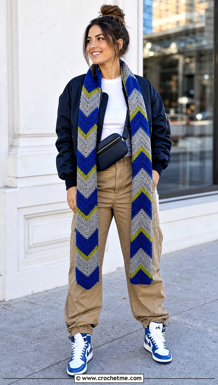 Chevron Crochet Ravenclaw Scarf With Cargo Pants - 35 crochet ravenclaw scarf outfit ideas